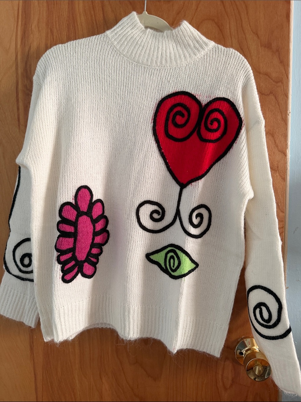 Adore Ivory Cowl-Neck Sweater with Red Heart & Pink Flower Motifs